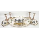 Quantity of silver plate to include candlesticks, large oval tray, tureens, salvers. etc (2