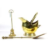 Brass coal scuttle and fire irons,.