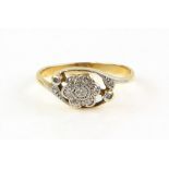 Edwardian ring with diamond set daisy in openwork setting , 18 ct gold ring size L, .