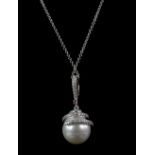 Modern pearl and diamond pendant, set with a white pearl, 10mm in diameter, with diamond set