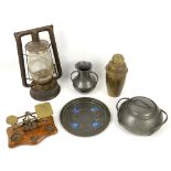 Hammered pewter biscuit barrel, pewter salt and pepper, silver backed brushes, oil lamp and other