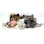 Large box of costume jewellery, including bead necklace, brooches, bangles, faux pearls, pendants