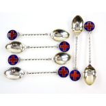 Set of six silver and enamel spoons by V and S, Birmingham 1951, 117 grams .