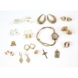 Mixed group of gold items including a pair of earrings set with citrine and diamonds in 18 ct yellow