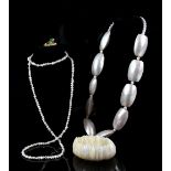 Pearl necklace, mother of pearl and pearl necklace and bracelet and a gold plated ring.
