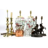 Pair of Albion Pottery floral decorated vases drilled as lamps, pair of Marley horse table lamps,