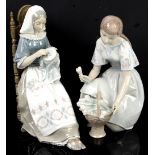 A Lladro figure of a girl crouching down with a basket of flowers 27cm high and another Lladro