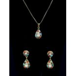 Multi gem set earrings and pendant, set with pearl, turquoise, coral, ruby, emeralds, garnets,