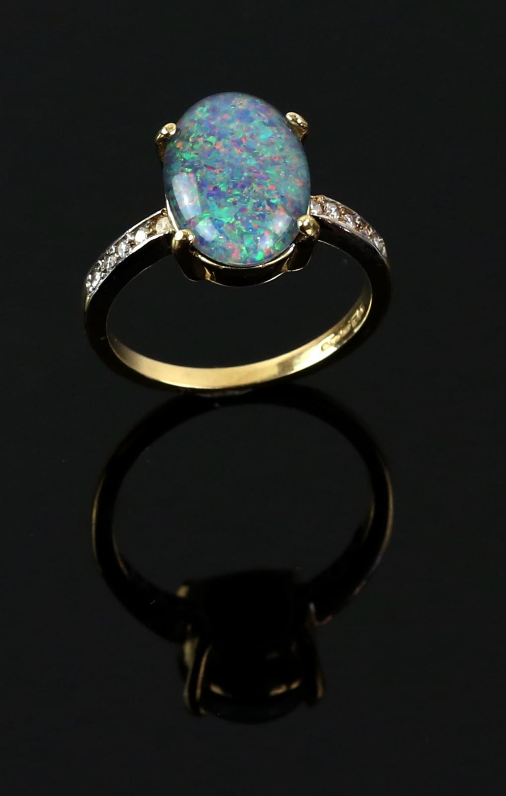 Black opal triplet ring, 14 x 9mm, diamond set shoulders, mounted in 18 ct gold, ring size P. - Image 7 of 8