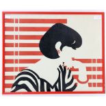 Pair of mirrored prints, each of a woman with black bob haircut on a striped red background,