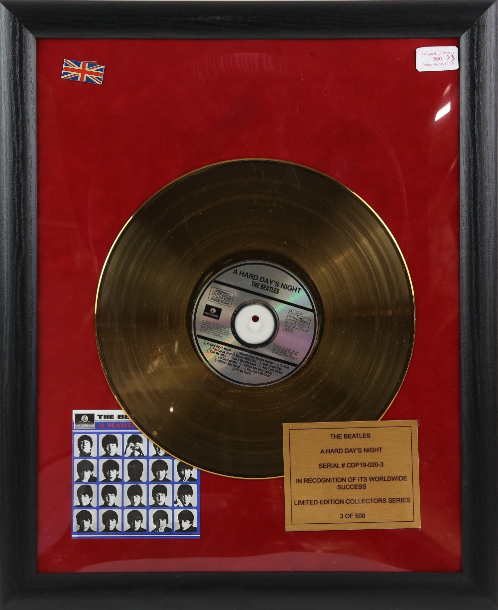 A limited edition gold disk, 3/500, for Hard Days Night by the Beatles with a CD, and a framed Elvis - Image 4 of 6