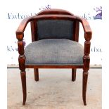 Mid 20th century beechwood tub chair, seat and back upholstered in grey fabric.