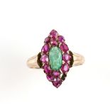 Early 20th C ruby and emerald set marquise ring, mounted in 9 ct, ring size LTo be sold in aid of