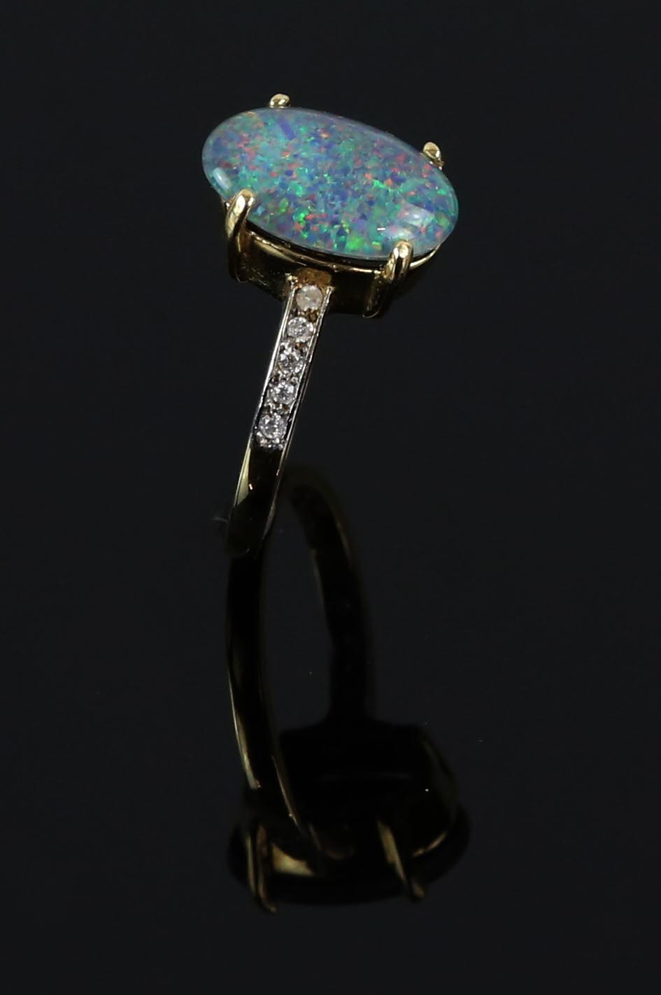 Black opal triplet ring, 14 x 9mm, diamond set shoulders, mounted in 18 ct gold, ring size P. - Image 3 of 8