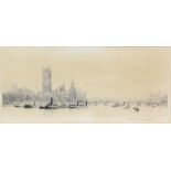 Rowland Langmaid (1897-1956) Houses of Parliament view from the Thames, signed in pencil 18cm x 40cm