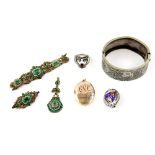 A group of costume jewellery, oval bangle, 9 ct and silver lined locket, reverse engraved 'with