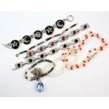 Pearl and coral, necklace, silver and synthetic spinel pendant, and other items .