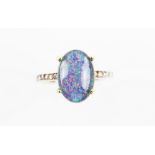 Black opal triplet ring, 14 x 9mm, diamond set shoulders, mounted in 18 ct gold, ring size P.