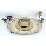 Large quantity of silver plate to include a large two handled tray, white metal temple and flatware.