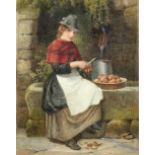 19th century watercolour scene of a young woman peeling potatoes, seated on a stone bench, 40cm x