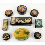 Seven hand painted Russian lacquer boxes, decorative scenes including boy with swan, dancing