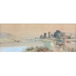 Walter W Goddard, landscape with cattle watering and a church nearby, watercolour, signed lower