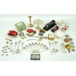 Meerschaum cheroot holder, shell purse, silver items to include bon-bon dish and thimble, Corgi