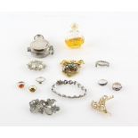 Paste set brooches, marcasite set items jewellery, two amber rings, and three other gem set rings