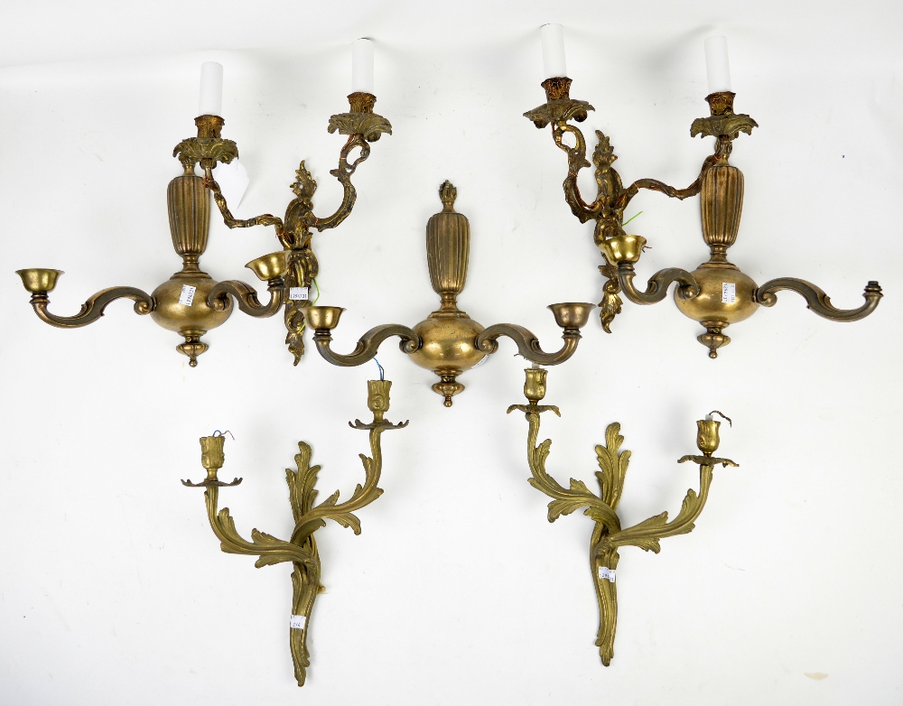 Set of three brass twin branch wall lights with scroll arms, and two pairs of brass twin branch wall - Image 2 of 2