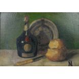 Benedictine and Bread early 20th century oil on canvas, still life depicting a bottle of Benedictine