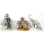 Lladro Man & Woman Sitting With Lantern 8887, Large Lladro elephant figural group height 30cm,