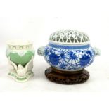 Minton bowl raised on three birds, and other 19th century and later ceramics (2 shelves).