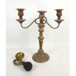 Pair of candelabra, tray, car horn copper pans, brass candlestick. trivet and other items.