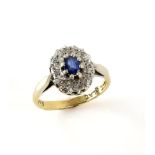 Vintage sapphire and diamond cluster ring, mount stamped 18 ct and platinum, ring size N.