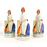 Large group of Staffordshire flatback style cricket figurines, and a collection of Goss and