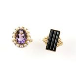Onyx dress ring, mounted in 14 ct, ring size O and amethyst and pearl cluster ring, set in 9 ct