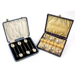 Two cased sets of silver spoons, coffee bean topped, Birmingham 1924 and seal topped spoons,