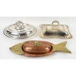 Two silver plated tureens and a copper and brass fish dishSold on behalf of Princess Alice Hospice.