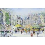 Aguilar, Continental market scene signed mixed media, watercolour landscape and a signed print, (