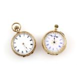 Ladies gold pocket watch by Waltham 9 ct gold and another similar, in 14 ct, both with engraved