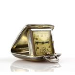 20th Century silver and enamelled travel clock, square dial with Arabic numerals and minute track,