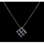 Sapphire and diamond pendant, in diamond form set with four square cut sapphires, baguette and round