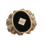 1970's onyx and diamond signet ring, mounted in 9 ct, ring size P, and two chains one 9 ct and the