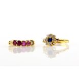 Two gem set rings, diamond and sapphire cluster ring, size P and a ruby ring, size Q, both mounts