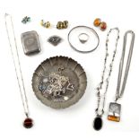 Mixed group of costume jewellery and silver, including an amber tree pendant, matching pair of