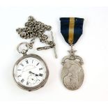 W. E Watts Ltd silver open faced pocket watch, enamel dial with Roman numerals minute track and