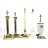 Pair of brass Corinthian column table lamps, alabaster table lamp and two others,.