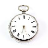An English silver cased open face pocket watch the signed white enamel dial with black Roman numeral