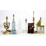 Modern brass lamp, another, brass hanging light, pair of decanters, three glass lamps, and a brass