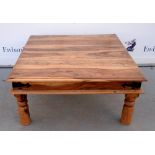 Contemporary sheesham wood coffee table, H:47cm x W:100cm x L:101cm.